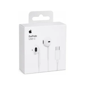 جعبه هندزفری اپل EarPods USB-C سفید با تصویر هدفون و کانکتور USB-C