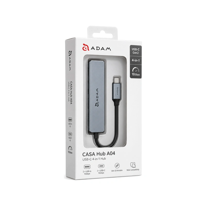 نمای بسته‌بندی هاب 4 در 1 ADAM elements CASA Hub A04 خاکستری با اتصال USB-C