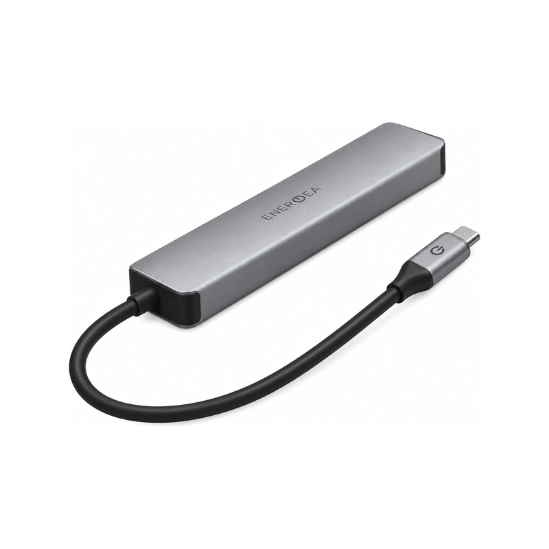 نمای پشت و زاویه‌دار هاب انرژیا AluHub HD3 گان‌متال به همراه کابل USB-C