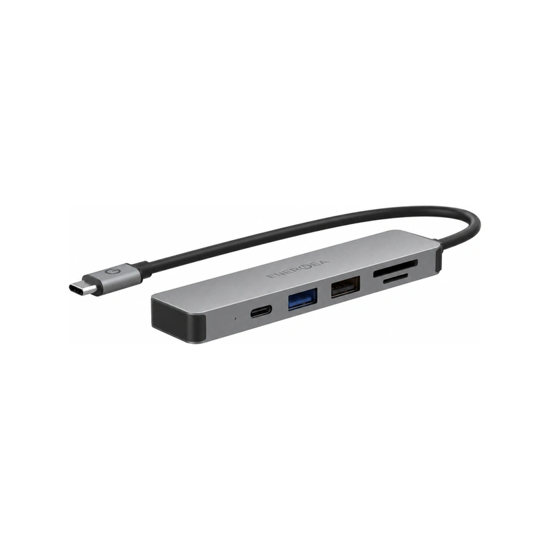 نمای زاویه‌دار هاب انرژیا AluHub HD3 گان‌متال با کابل USB-C و درگاه‌های اتصال
