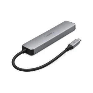 نمای پشت و زاویه‌دار هاب انرژیا AluHub HD3 گان‌متال به همراه کابل USB-C