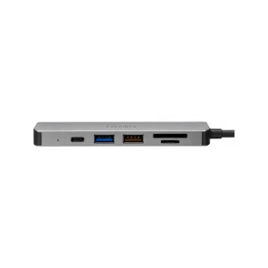 نمای درگاه‌های هاب انرژیا AluHub HD3 گان‌متال شامل USB-C، USB-A و کارت‌خوان