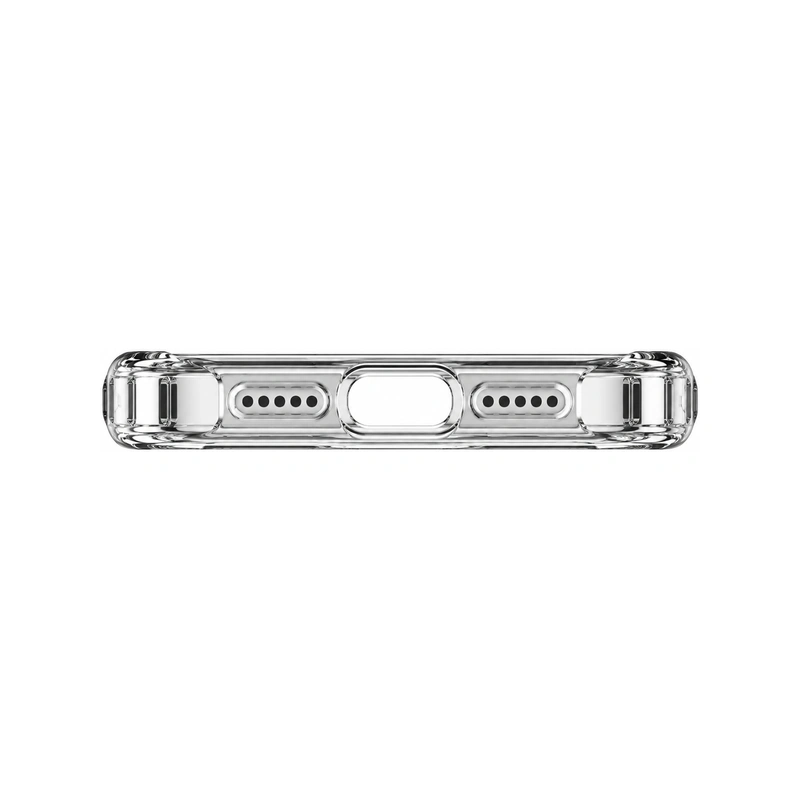 نمای پایین قاب شفاف Spigen Ultra Hybrid Crystal Clear برای iPhone 16 Pro با نمایش برش پورت و اسپیکرها