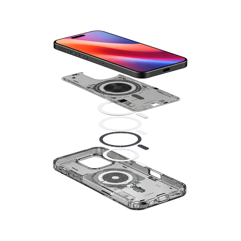 نمای انفجاری قاب Spigen Ultra Hybrid Neo One برای iPhone 16 Pro Max و ساختار لایه‌ای قاب