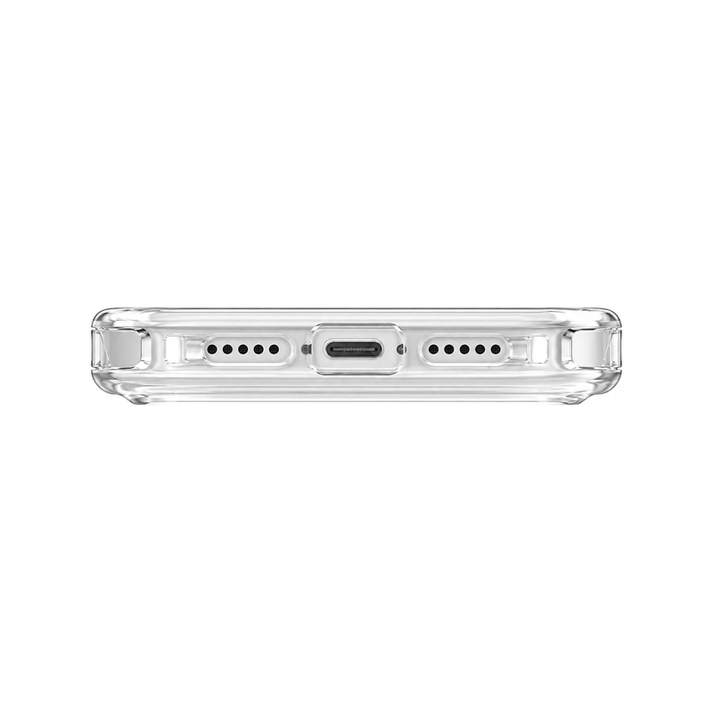 نمای پایین قاب UNIQ Combat Blanc White برای iPhone 17 با برش درگاه شارژ و اسپیکرها