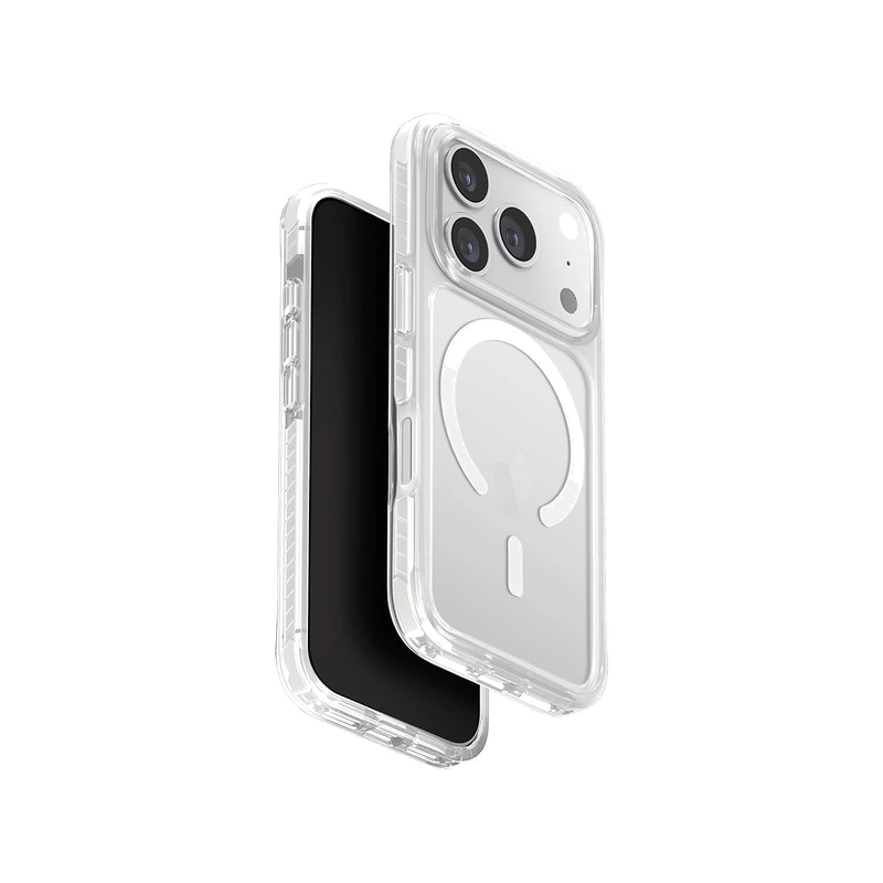 نمای باز قاب UNIQ Combat Blanc White برای iPhone 17 با طراحی شفاف و حلقه مغناطیسی