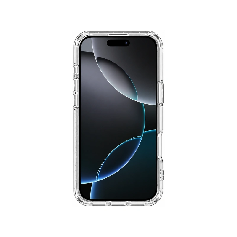 نمای جلوی قاب UNIQ Combat Blanc White نصب‌شده روی iPhone 17 با فریم شفاف