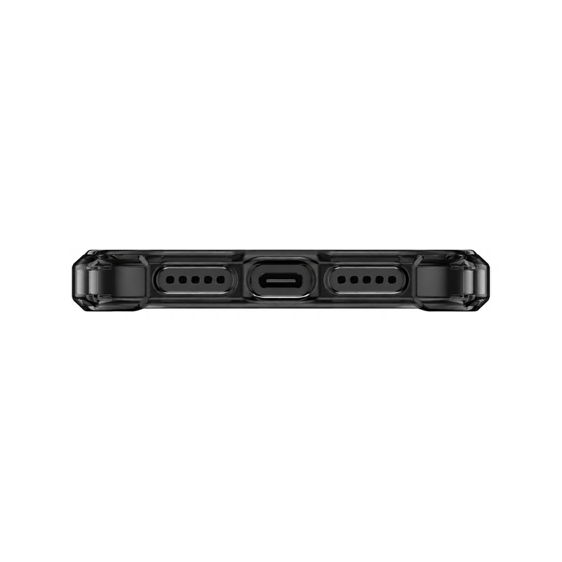 نمای پایین قاب UNIQ Combat Carbon Black برای iPhone 17 با برش درگاه شارژ و اسپیکرها