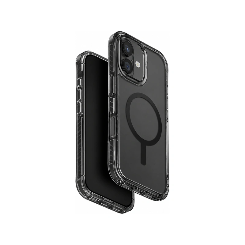 نمای باز قاب UNIQ Combat Carbon Black برای iPhone 17 با فریم دودی و حلقه مغناطیسی