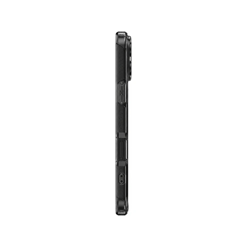 نمای کناری قاب UNIQ Combat Carbon Black برای iPhone 17 با لبه دودی، دکمه‌های جانبی و بافت محافظ