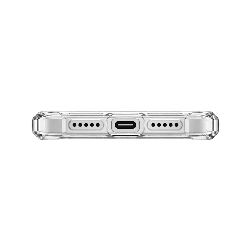 نمای پایین قاب شفاف UNIQ Clario Lucent Clear برای iPhone 17 با برش درگاه شارژ و اسپیکرها