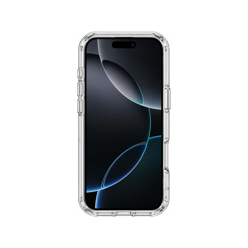 نمای جلوی قاب شفاف UNIQ Clario Lucent Clear نصب‌شده روی iPhone 17