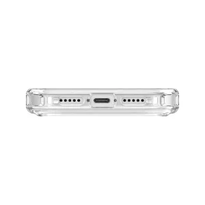 نمای پایین قاب UNIQ Combat Blanc White برای iPhone 17 با برش درگاه شارژ و اسپیکرها
