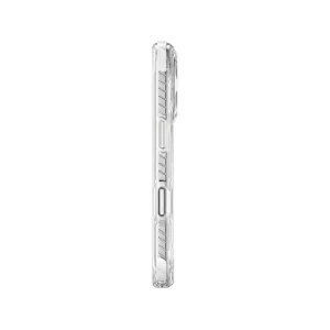 نمای کناری قاب UNIQ Combat Blanc White برای iPhone 17 با لبه شفاف و بافت ضدلغزش