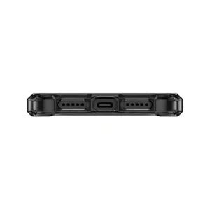 نمای پایین قاب UNIQ Combat Carbon Black برای iPhone 17 با برش درگاه شارژ و اسپیکرها