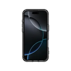 نمای جلوی قاب UNIQ Combat Carbon Black نصب‌شده روی iPhone 17 با فریم دودی مشکی
