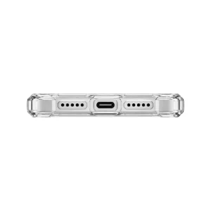 نمای پایین قاب شفاف UNIQ Clario Lucent Clear برای iPhone 17 با برش درگاه شارژ و اسپیکرها