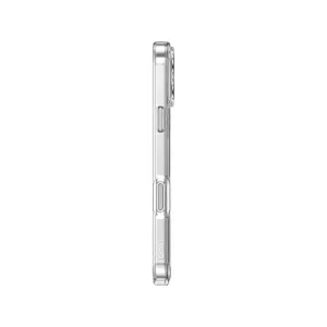 نمای کناری قاب شفاف UNIQ Clario Lucent Clear برای iPhone 17 با دکمه‌های جانبی و لوگوی UNIQ