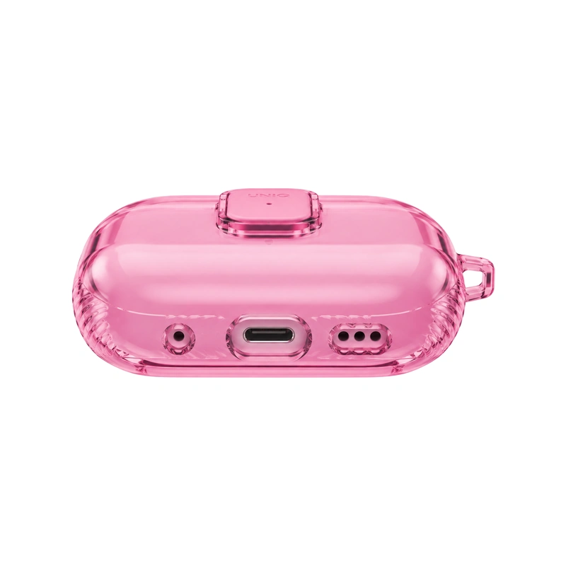 نمای پایین قاب UNIQ Glase Pro Candy Pink برای AirPods Pro 3 با برش درگاه شارژ و اسپیکر