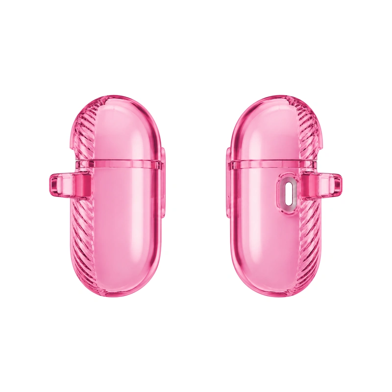 دو نمای کناری قاب UNIQ Glase Pro Candy Pink برای AirPods Pro 3 با بدنه شفاف صورتی
