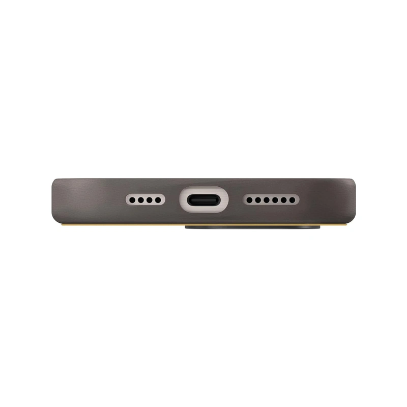 نمای پایین قاب UNIQ Lyden Canary Yellow/Flint Grey برای iPhone 16 Pro با برش پورت USB-C و اسپیکرها