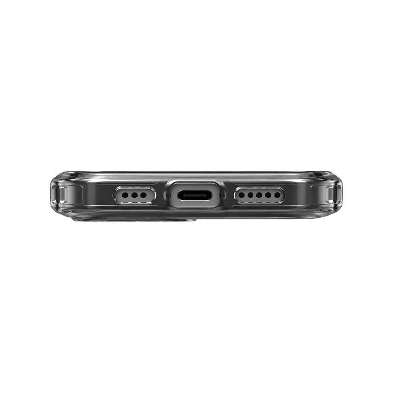 نمای پایین قاب UNIQ LifePro Xtreme Frost Smoke برای iPhone 16 Pro با برش درگاه USB-C و اسپیکرها
