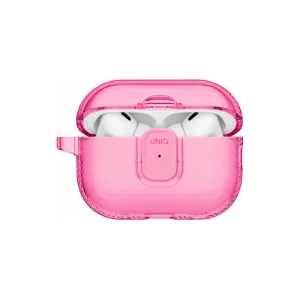 نمای جلوی باز قاب UNIQ Glase Pro Candy Pink برای AirPods Pro 3 با بدنه شفاف صورتی