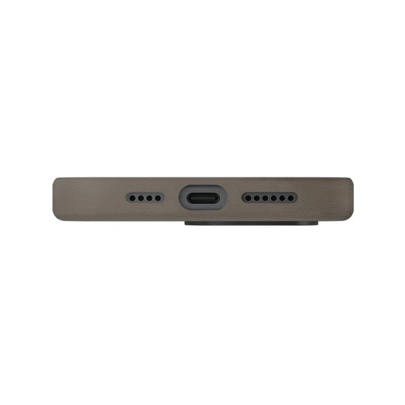 نمای پایین قاب UNIQ Lyden Flint Grey برای iPhone 16 Pro با برش درگاه USB-C و اسپیکرها