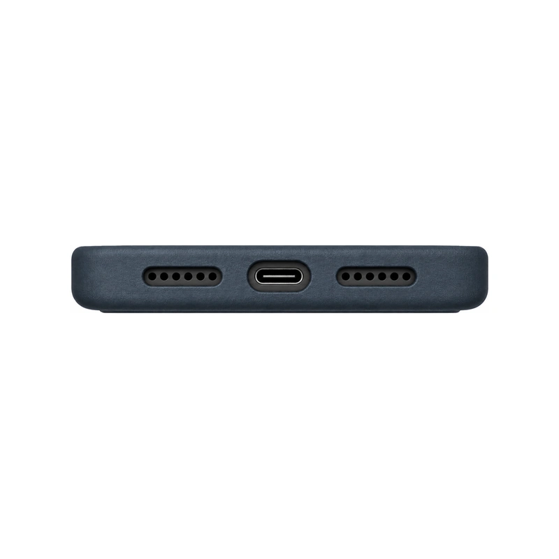 نمای پایین قاب UNIQ Lyden Ash Blue برای iPhone 17 Pro Max با برش دقیق درگاه USB-C و خروجی‌های اسپیکر