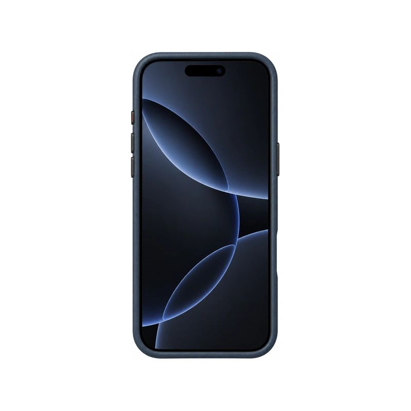 نمای جلوی قاب UNIQ Lyden Ash Blue برای iPhone 17 Pro Max با فریم محافظ و دکمه‌های جانبی