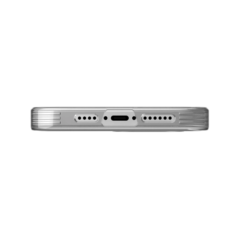 نمای پایین قاب شفاف UNIQ Airfender Crystal Clear برای iPhone 13 Pro با برش درگاه شارژ و خروجی‌های اسپیکر