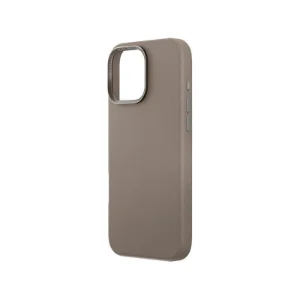 نمای زاویه‌دار پشت قاب UNIQ Lyden Flint Grey برای iPhone 16 Pro با بافت چرمی، فریم فلزی دور دوربین و دکمه‌های جانبی