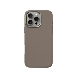 نمای پشت قاب UNIQ Lyden Flint Grey برای iPhone 16 Pro با بافت چرمی و محافظ برجسته دوربین