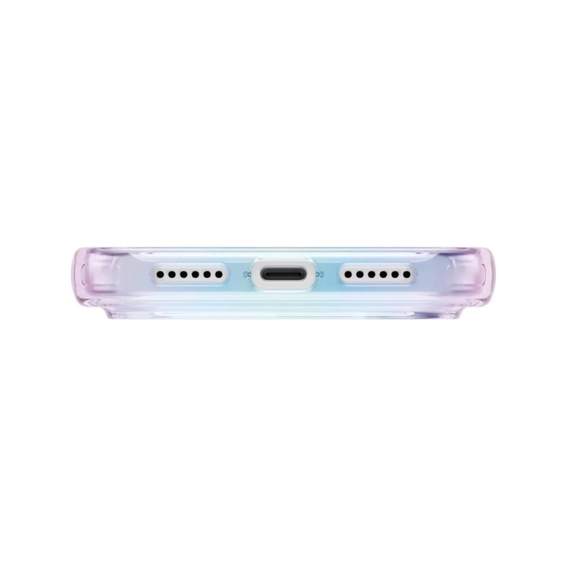 نمای پایین قاب UNIQ Iridescia Holo Quartz برای iPhone 17 Pro Max با فریم هولوگرافیک، برش درگاه USB-C و خروجی‌های اسپیکر
