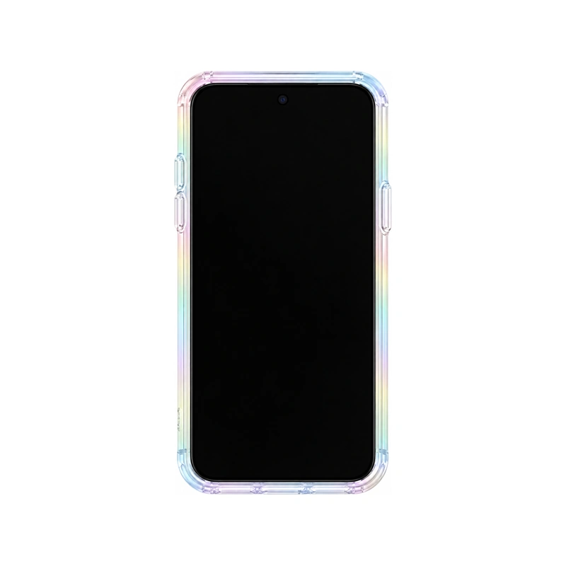 نمای جلوی قاب UNIQ Iridescia Holo Quartz برای iPhone 17 Pro Max با فریم شفاف هولوگرافیک و دکمه‌های جانبی