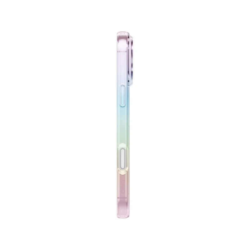 نمای کناری قاب UNIQ Iridescia Holo Quartz برای iPhone 17 Pro Max با فریم شفاف گرادیانی و دکمه‌های جانبی