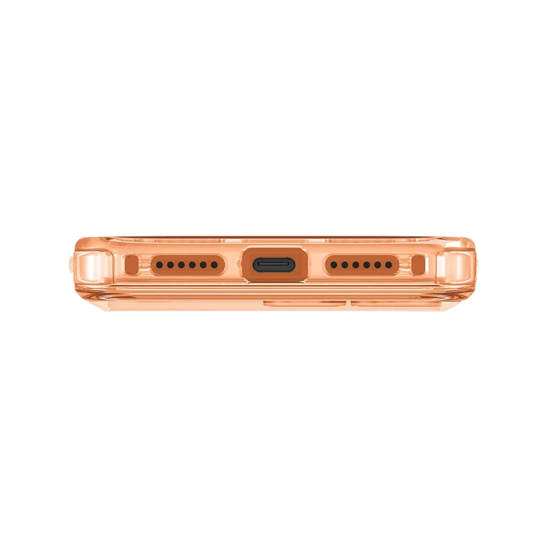 نمای زیر قاب UNIQ LifePro Xtreme Frost Clear Volt Orange برای iPhone 17 Pro با برش پورت USB-C و خروجی‌های اسپیکر