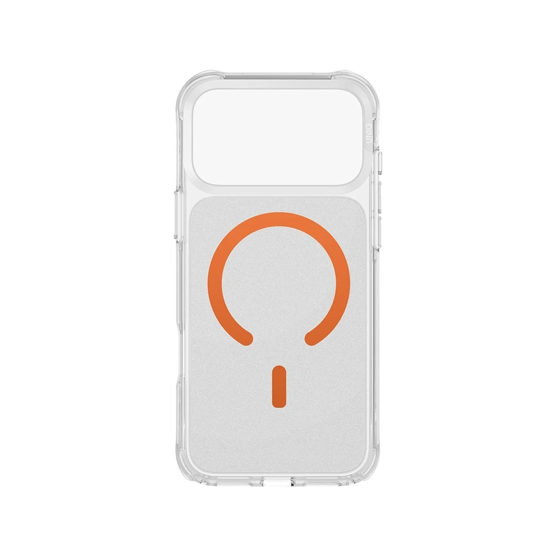 نمای پشت قاب UNIQ LifePro Xtreme Frost Clear Volt Orange برای iPhone 17 Pro با بدنه شفاف، پنل مات و حلقه MagSafe نارنجی