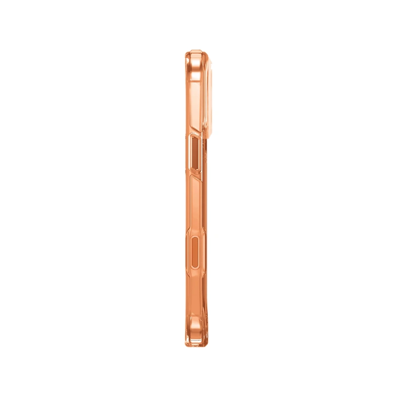 نمای کناری قاب UNIQ LifePro Xtreme Frost Clear Volt Orange برای iPhone 17 Pro با فریم شفاف نارنجی و دکمه‌های جانبی