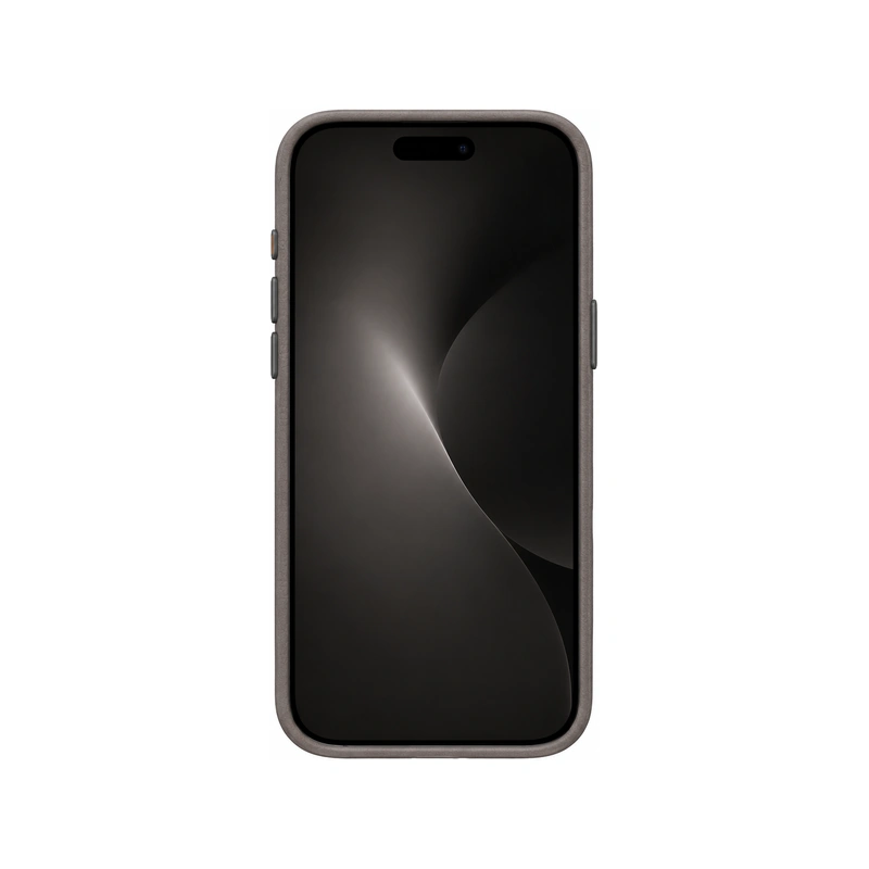 نمای جلوی قاب UNIQ Lyden Canary Yellow/Flint Grey برای iPhone 16 Pro Max با فریم چرمی و دکمه‌های جانبی