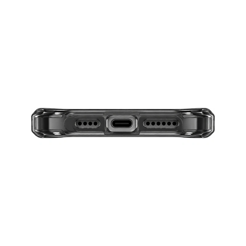 نمای زیر قاب UNIQ LifePro Xtreme Frost Smoke برای iPhone 16 Pro Max با برش پورت USB-C و اسپیکرها