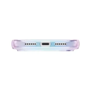 نمای پایین قاب UNIQ Iridescia Holo Quartz برای iPhone 17 Pro Max با فریم هولوگرافیک، برش درگاه USB-C و خروجی‌های اسپیکر