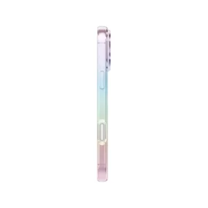 نمای کناری قاب UNIQ Iridescia Holo Quartz برای iPhone 17 Pro Max با فریم شفاف گرادیانی و دکمه‌های جانبی