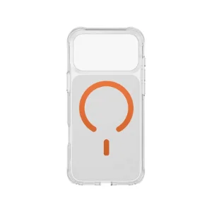 نمای پشت قاب UNIQ LifePro Xtreme Frost Clear Volt Orange برای iPhone 17 Pro با بدنه شفاف، پنل مات و حلقه MagSafe نارنجی