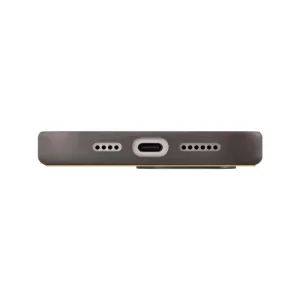 نمای زیر قاب UNIQ Lyden Canary Yellow/Flint Grey برای iPhone 16 Pro Max با برش پورت USB-C و خروجی‌های اسپیکر