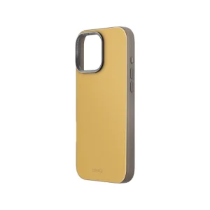 نمای سه‌رخ پشت قاب UNIQ Lyden Canary Yellow/Flint Grey برای iPhone 16 Pro Max با بافت چرمی، فریم برجسته دوربین و دکمه‌های جانبی