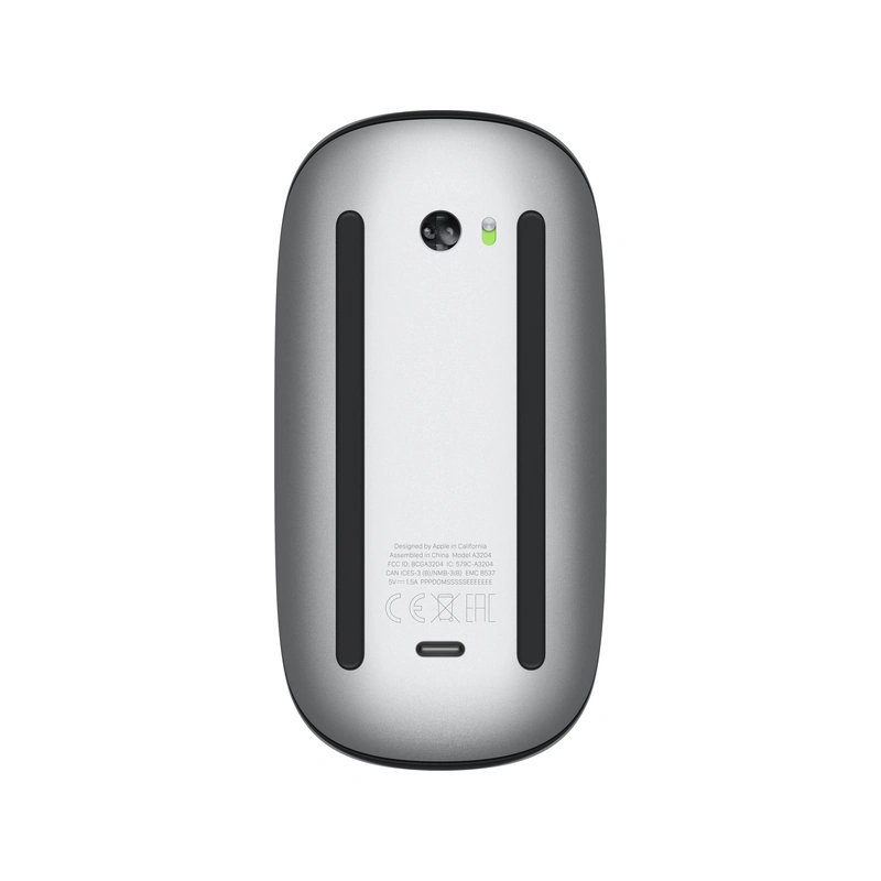 نمای زیر ماوس Apple Magic Mouse USB-C مشکی، شامل سنسور، کلید روشن و خاموش، ریل‌ها و درگاه USB-C
