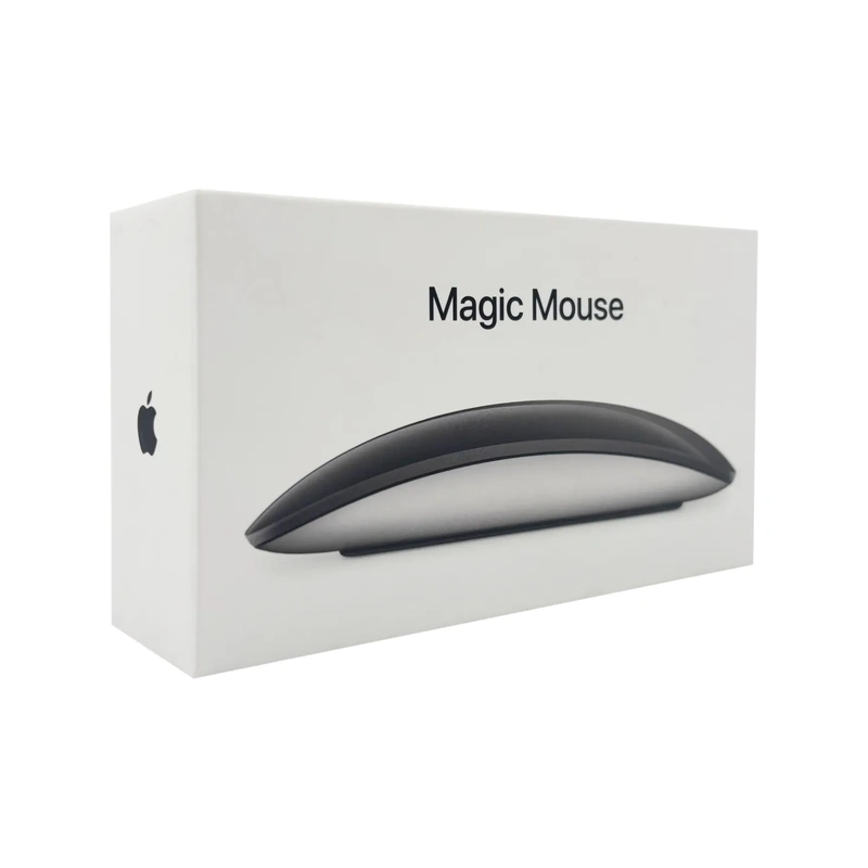 نمای بسته‌بندی Apple Magic Mouse USB-C مشکی با تصویر ماوس روی جعبه