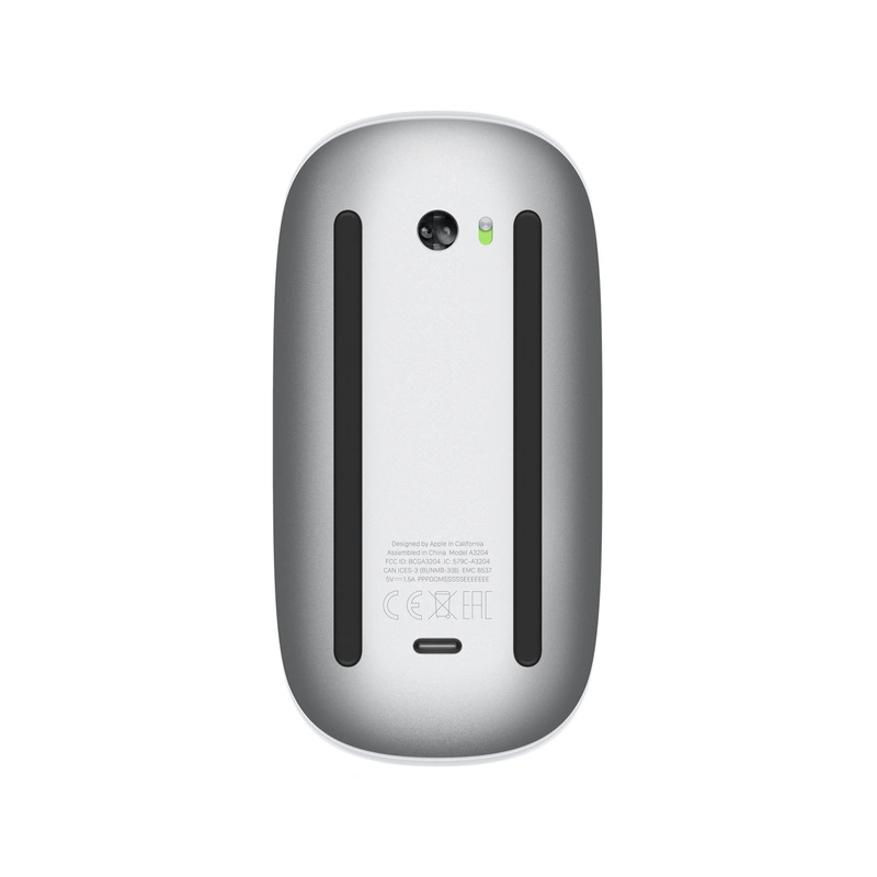 نمای زیر ماوس Apple Magic Mouse USB-C سفید، شامل سنسور، کلید روشن و خاموش، ریل‌ها و درگاه USB-C