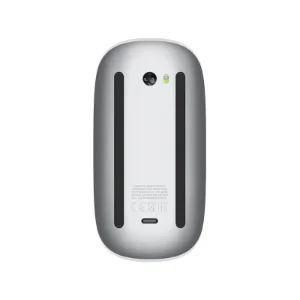 نمای زیر ماوس Apple Magic Mouse USB-C سفید، شامل سنسور، کلید روشن و خاموش، ریل‌ها و درگاه USB-C